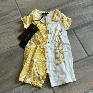 Versace Yellow and White Baroque Print Baby One-Piece